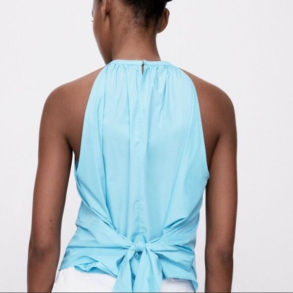Zara Halter Bow Tie Back Powder Blue Front Slit Top Size Small - Picture 4 of 9
